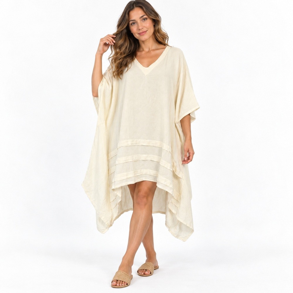 Oh My Gauze Tunic Dress Women OS Cream Cotton Tiered Coastal Boho Lagenlook Chic